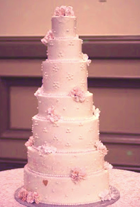 7 tier wedding cake with pink gumpaste hydrangeas