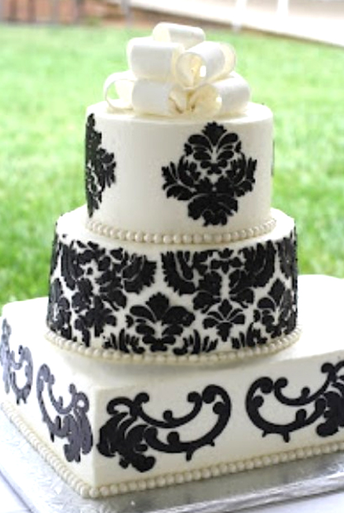 black and white damask wedding cake with bow topper
