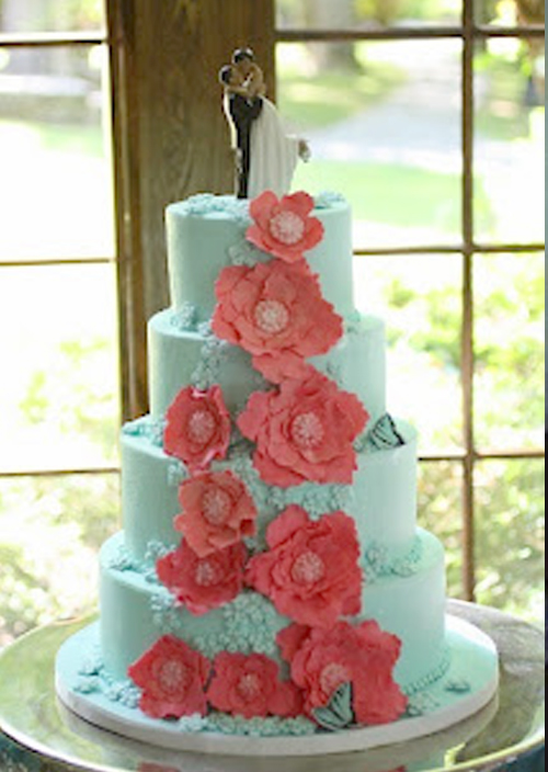 coral and teal wedding cake