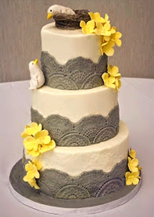 grey fondant lace bands with birds wedding cake