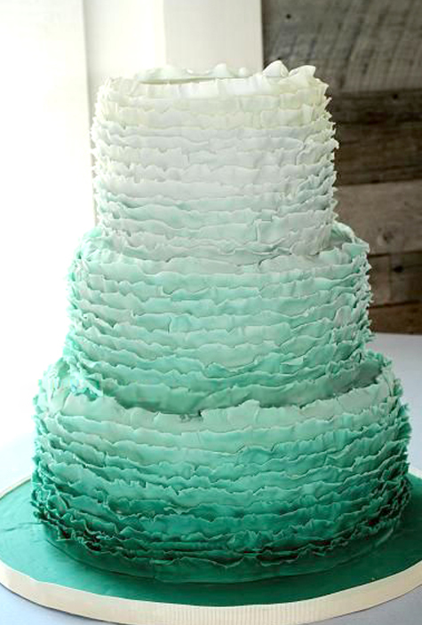 ombre teal ruffles wedding cake