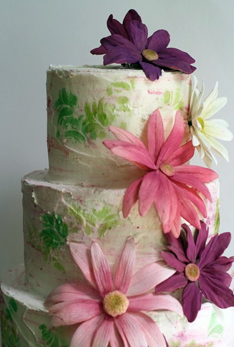 painted cake with gumpaste gerbera daisies detail