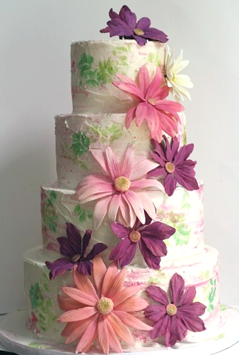 painted cake with gumpaste gerbera daisies