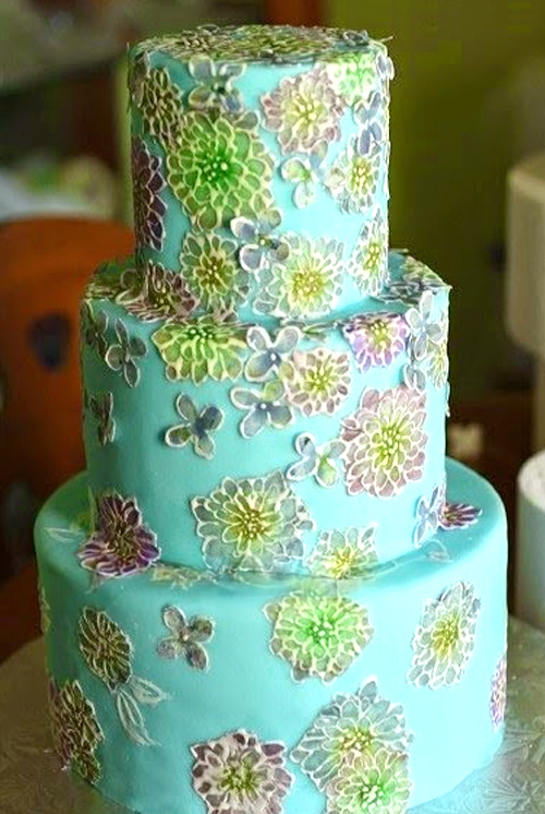 painted wafer paper flowers wedding cake