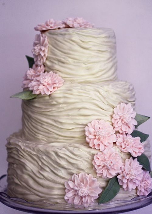 ruched fondant wedding cake with pink fondant flowers