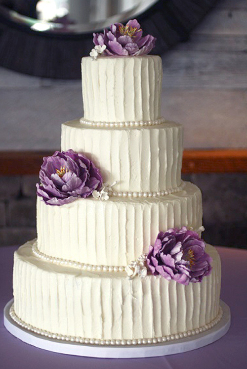 rustic wedding cake with lavender purple gumpaste peonies
