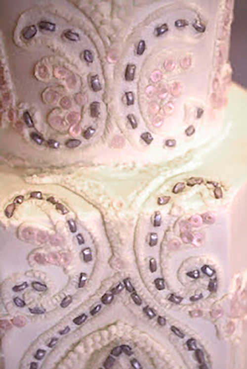 tall wedding cake hexagon with gumpaste sequins detail