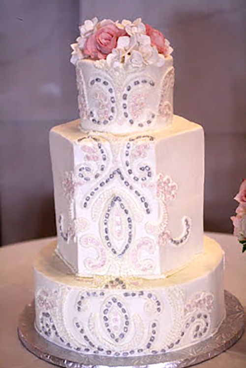 tall wedding cake hexagon with gumpaste sequins