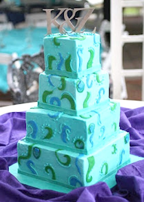 teal and green wedding cake square tiers