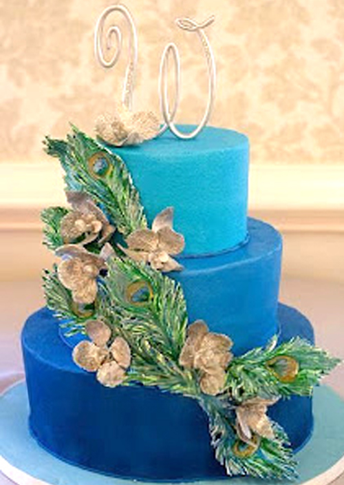 teal tiers ombre peacock feathers wedding cake