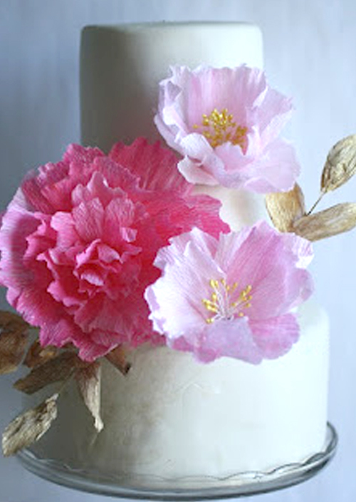 wedding cake with pink paper flowers