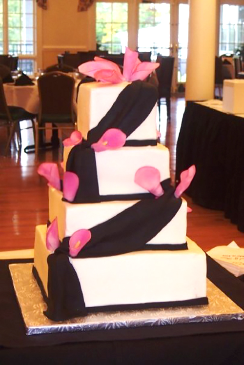 black drape wedding cake square tiers pink callas