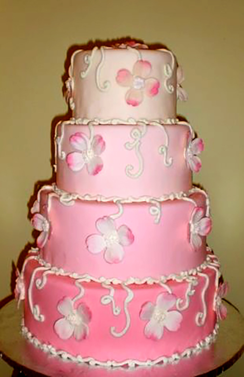 pink ombre fondant wedding cake with gumpaste dogwoods