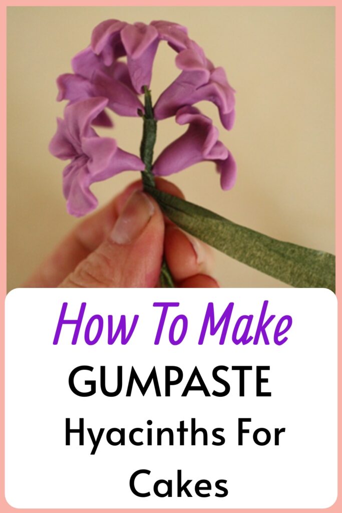 how to make gumpaste hyacinths for cakes, with a photo of the hyacinth flower being taped together