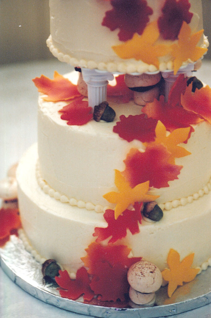 autumn themed wedding cake with leaves and meringue mushrooms