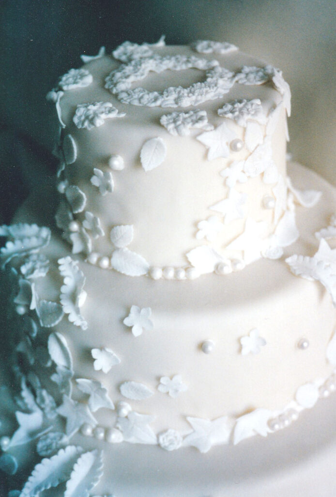 gumpaste applique wedding cake with leaves and pearls
