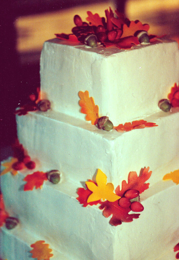 square wedding cake with gumpaste autumn leaves and acorns