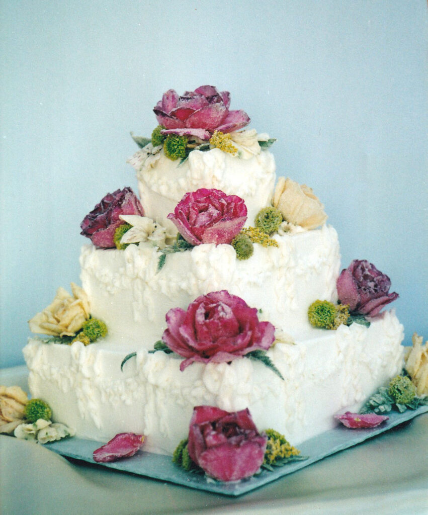 sugared roses square tier wedding cake