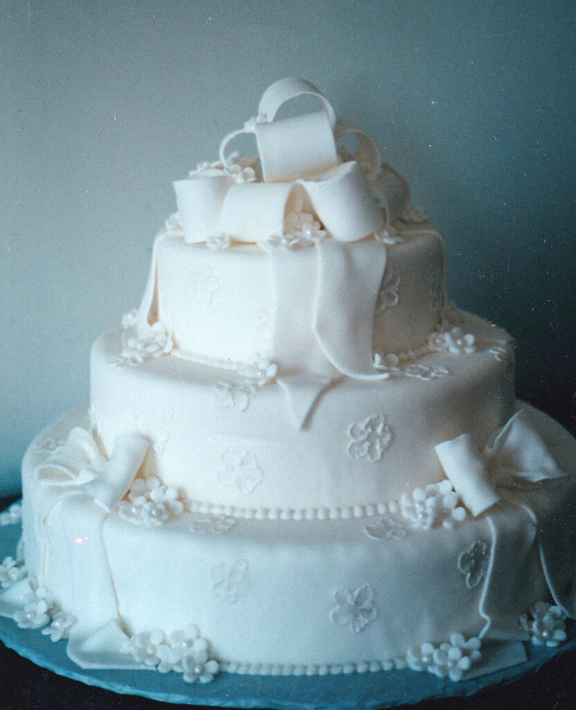 white wedding cake with big loopy gumpaste bow topper and piped flowers