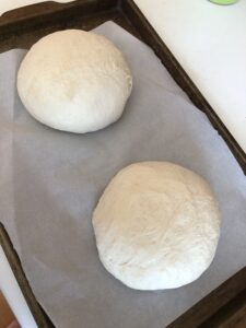 two dough balls rounded on the pan, ready for the second rise